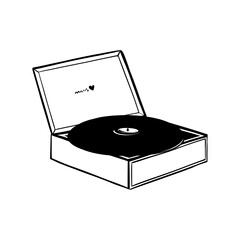 Retro vinyl record player with record. Doodle vector, hand-drawn, cartoon style.