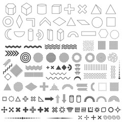 Trendy geometric shapes set of 110 elements, memphis design, retro linear elements,template  for composition