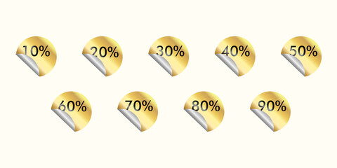 Vector set of golden discount stickers with different percentage.