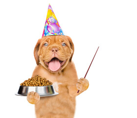 Poster - Happy puppy wearing party cap holds bowl of dry dog food and pointa away on empty space. isolated on white background