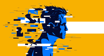 Man profile with glitch dynamic particles in motion vector illustration, mindfulness philosophical and psychological theme, neural network, technology or psychology concept.