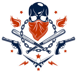 Wall Mural - Gang brutal criminal emblem or logo with aggressive skull baseball bats and other weapons and design elements, vector anarchy crime terror retro style, ghetto revolutionary.