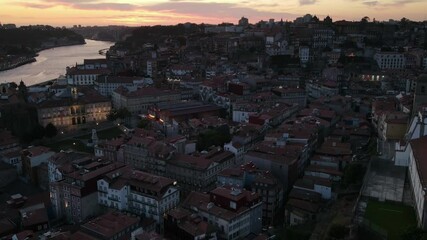 Wall Mural - Aerial time lapse from city center of Porto at twilight, Portugal