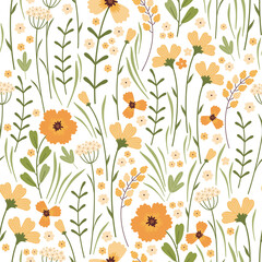 Blooming summer meadow seamless pattern. Repeating floral pattern on white background. Lot of different wild yellow flowers, buds, leaves, stems on the field. Liberty millefleurs. Scandinavian style.