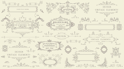 Canvas Print - Decorative vintage set of thin calligraphic elements: borders, frames, dividers, ornaments, page decoration. Combinations for retro design, greeting cards, certificates and invitations. Vector 