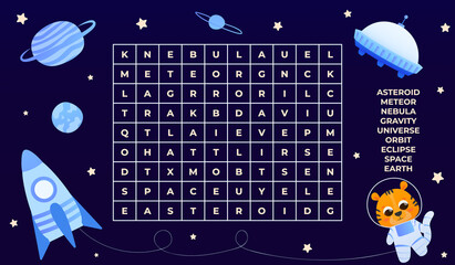 Wall Mural - Word search game for kids, find english words, galaxy explore concept with cartoon character and spaceship