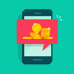 Poster - Web digital money receiving notice on mobile cell phone isolated vector flat cartoon object, internet electronic coins cash on smartphone cellphone app, concept of earnings transaction online icon