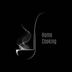 Ladle dark logo. Ladle of hot soup with steam. Home cooking on  black background