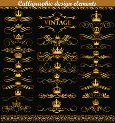 Illustration set of gold vintage calligraphic design elements with crowns.
