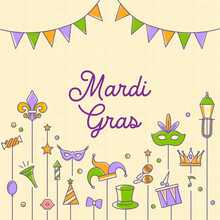 Mardi Gras Carnival Set Icons, Design Element , Flat Style. Collection Mardi Gras, Mask With Feathers, Beads, Joker, Fleur De Lis, Party Decorations. Vector Illustration, Clip Art