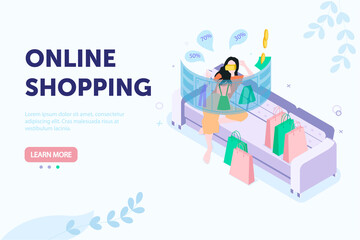 woman shopping online sitting on sofa at home using futuristic projection panel. isometric cartoon v