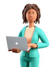 3D Illustration Of Smiling African American Woman Using Laptop. Close Up Portrait Of Cartoon Standing Elegant Businesswoman In Green Suit With Computer, Isolated On White.