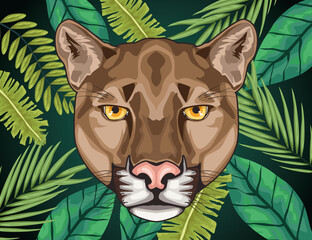 Wall Mural - cougar animal wild head character in leafs background