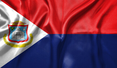 Sint Maarten flag wave close up. Full page Sint Maarten flying flag. Highly detailed realistic 3D rendering