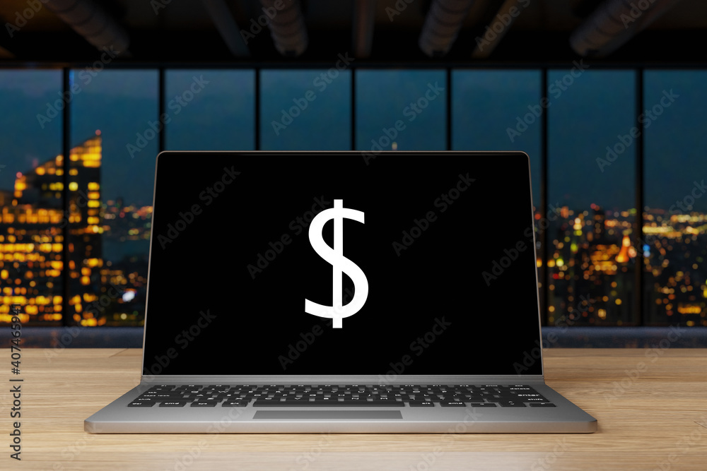 laptop with black screen and dollar currency symbol on wooden desk with nighttime skyline in the background, 3D Illustration - obrazy, fototapety, plakaty 