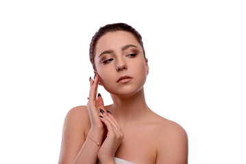 Beauty Woman face Portrait. Beautiful Spa model Girl with Perfect Fresh Clean Skin. Blonde female looking at camera and smiling. Youth and Skin Care Concept. Isolated on a white background