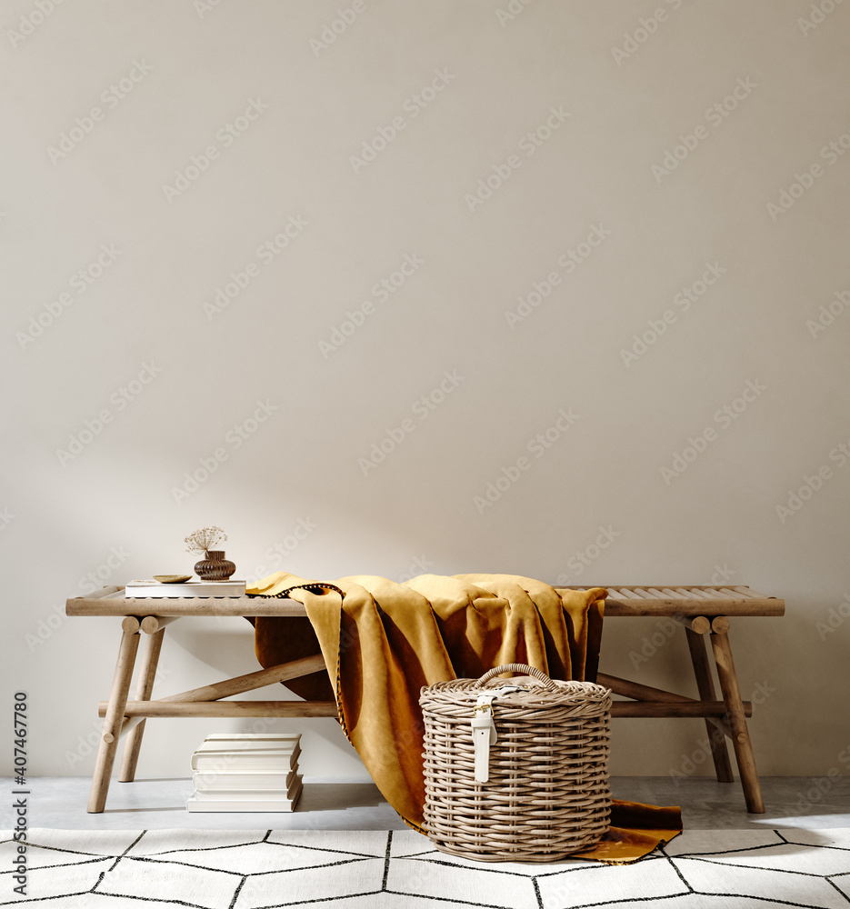 Bench with decor close up in home interior background, wall mock up, 3d render - obrazy, fototapety, plakaty 
