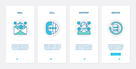 Poster - Customer support delivery service concept vector illustration. UX, UI onboarding mobile app page screen set with line call center operator with headphones, delivery hotline by phone, mail symbols