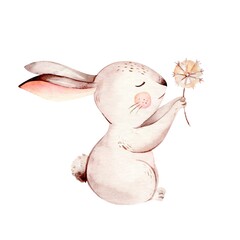 Wall Mural - Watercolor Happy Easter baby bunnies design with spring blossom flower. Rabbit bunny kids illustration isolated. 