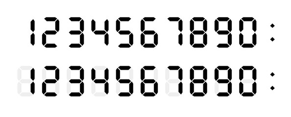 Digital numbers font for electronic clock display, calculator, counter. Black on white background.