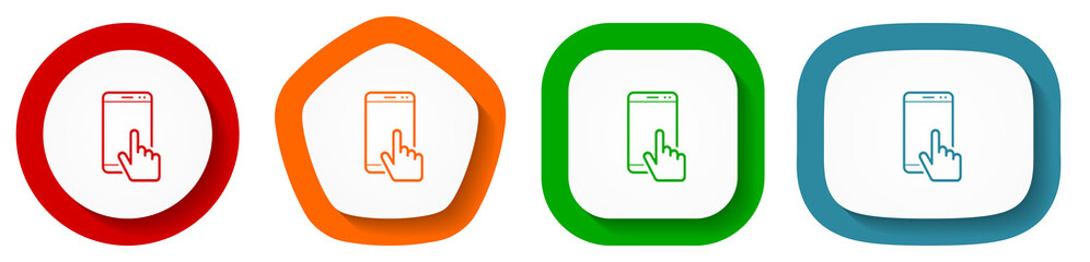 Poster - Smartphone, mobile phone with hand vector icon set, flat design buttons on white background