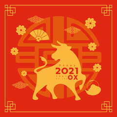 Canvas Print - chinese new year poster with golden ox and flowers