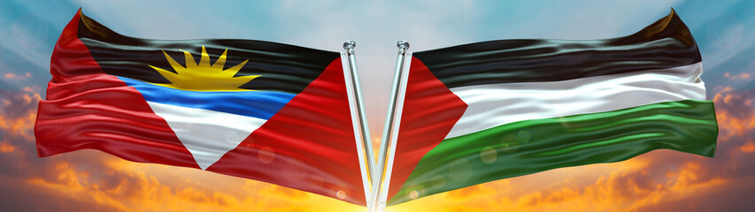 Double Flag palestine فلسطين and Antigua and Barbuda flag waving flag with texture sky Cloud and sunset