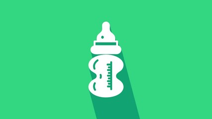 Poster - White Baby bottle icon isolated on green background. Feeding bottle icon. Milk bottle sign. 4K Video motion graphic animation.