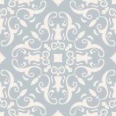 Seamless Damask pattern. Majolica pottery tile, blue, white azulejo, original traditional Portuguese and Spain decor. Seamless pattern with Victorian motives. Vector illustration.