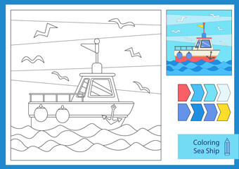 Wall Mural - Flat sea ship. Coloring page. Drawing worksheets.  Game for kids.  Activity page. Vector illustration.