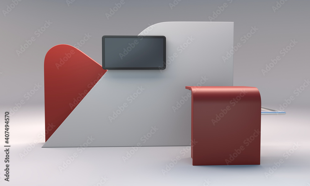 Exhibition stand design with tv display. Red counter mock-up. 3D ...