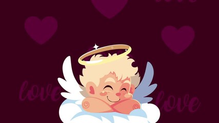 Sticker - happy valentines day card with cupid angel in cloud and hearts pattern