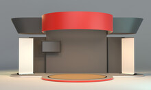 Exhibition Stand Design, Circle Shape Red Booth Mock-up With Roll-up Banner, 3D Rendering