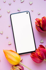 Wall Mural - phone mockup with tulip flowers, flower, blossom, flat lay, top view digital invitation