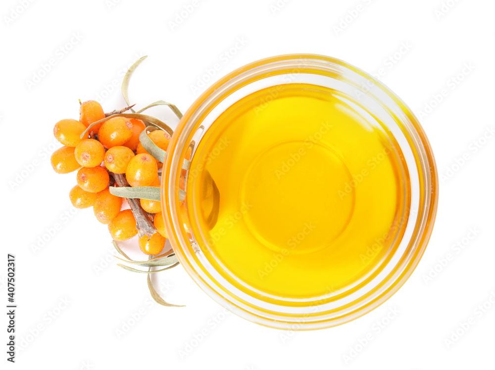 Natural sea buckthorn oil and fresh berries on white background, top view - obrazy, fototapety, plakaty 
