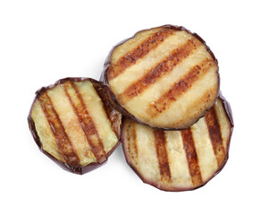 Delicious grilled eggplant slices on white background, top view