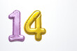numbers 14 on a white background, pink and gold. Valentine's day, symbol. Place for your text.