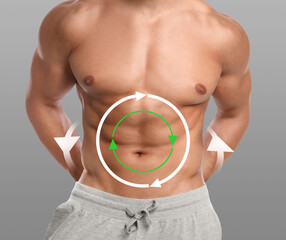 Sticker - Metabolism concept. Man with perfect body on grey background, closeup