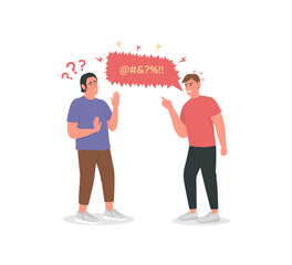Poster - arguing men flat color vector detailed character. angry guy swearing at friend. aggressive shouting.