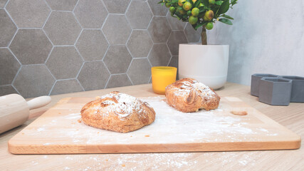 Poster - Baking bread. Dough on wooden table with flour and vintage rolling-pin