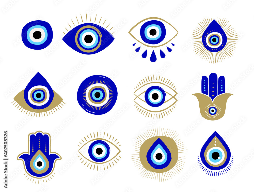 Evil eye or Turkish eye symbols and icons set. Modern amulet design and home decor idea - obrazy, fototapety, plakaty 