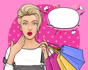 Poster - Vector pop art illustration of a surprised blonde hair girl holding shopping bags on pink background. Amazed woman with wide open eyes and mouth. Excellent poster for advertising discounts and sales.