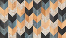 Seamless Colorful Wooden Wall With Chevron Pattern. Grunge Parquet Floor. Wood Texture Background.