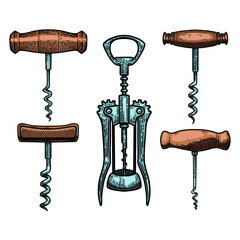 Set of Illustrations of corkscrew in engraving style. Design element for poster, card, banner, sign. Vector illustration