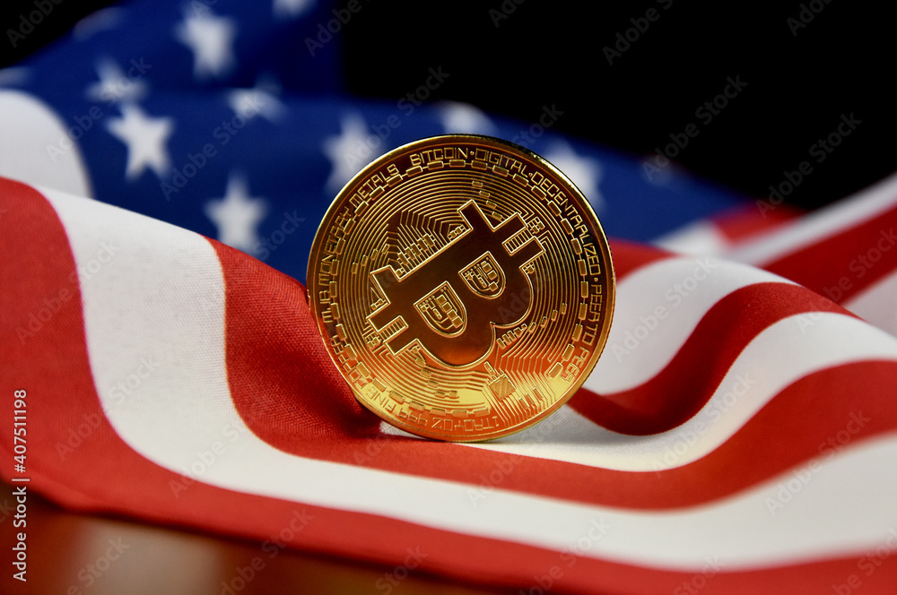 Bitcoin golden coin on american flag stock images. Cryptocurrency with american flag images. Digital gold images. Beautiful gold bitcoin coin photo images