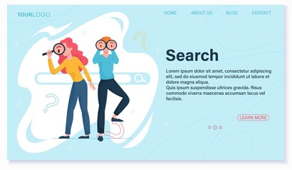 Poster - Business ideas searching abstract concept. Business metaphor. Young man looking forward through binoculars and a woman with magnifying glass looking through it. Website, webpage, landing page template