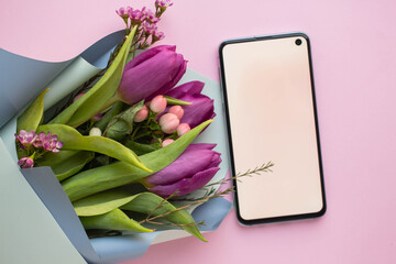 Wall Mural - phone mockup. minimalist bouquet of tulips