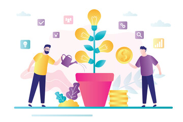 Wall Mural - Businessman grows ideas tree. Investor invest in new idea or startup. Concept making money. Each contributes development project.