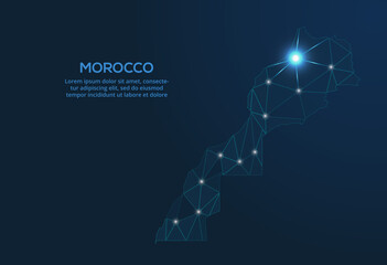 Poster - Morocco communication network map. Vector low poly image of a global map with lights in the form of cities. Map in the form of a constellation, mute and stars.