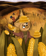 Autumn Wheat Field And Cozy Travel Of Cat Illustration Character, With His Friend.